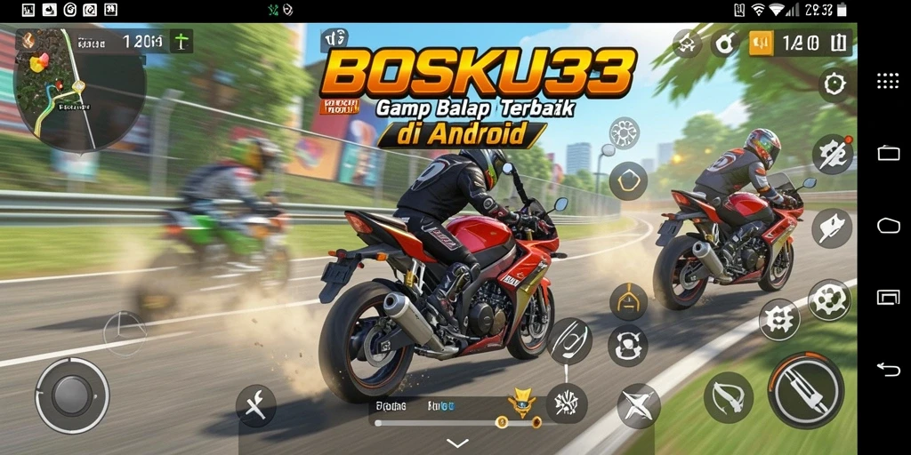 Screenshot gameplay BOSKU33 menampilkan aksi balap motor yang mendebarkan.
