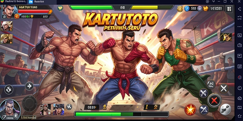 Tangkapan layar menunjukkan pertarungan epik di KARTUTOTO dengan grafis yang mencolok.
