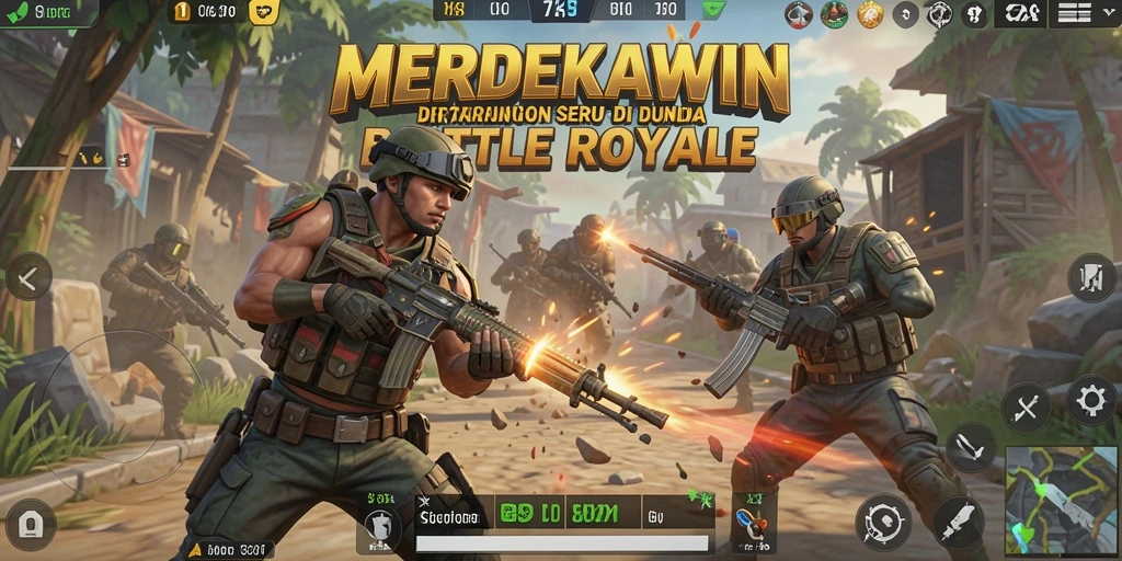 Screenshot MERDEKAWIN menampilkan aksi seru dalam pertempuran Battle Royale.